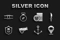 Set Cannon, Pirate sword, Location pirate, Anchor, Shield with skull, coin, Rope tied knot and Compass icon. Vector