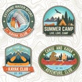 Set of canoe and kayak club badges Vector. Concept for patch, print, stamp or tee. Vintage design with mountain, river Royalty Free Stock Photo