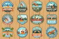 Set of canoe and kayak club badges Vector. Concept for patch, shirt, print or tee. Vintage design with mountain, river Royalty Free Stock Photo