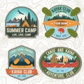 Set of canoe and kayak club badges Vector. Concept for patch, shirt, print or tee. Vintage design with mountain, river Royalty Free Stock Photo