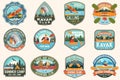 Set of canoe and kayak club badges Vector. Concept for patch, shirt, print or tee. Vintage design with mountain, river Royalty Free Stock Photo