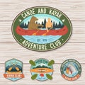 Set of canoe and kayak club badges Vector. Concept for patch, shirt, stamp or tee. Vintage design with mountain, river Royalty Free Stock Photo