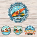 Set of canoe and kayak club badges Vector. Concept for patch, shirt, stamp or tee. Vintage design with mountain, river Royalty Free Stock Photo