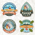 Set of canoe and kayak club badges Vector. Concept for patch, shirt, stamp or tee. Vintage design with mountain, river Royalty Free Stock Photo