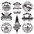 Set of canoe and kayak labels. Two man in a boat, boats oars, mountains, campfire, forest, tours, kayaking, travel shop Royalty Free Stock Photo