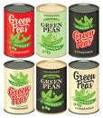 Set of cans with various labels for green peas