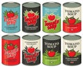 Set of cans with various labels for tomato soup