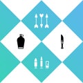 Set Canteen water bottle, Bullet and cartridge, Hipster arrows and Hunter knife icon. Vector