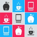 Set Canteen water bottle, Coffee cup and Open matchbox and matches icon. Vector