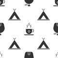 Set Canteen water bottle, Coffee cup and Tourist tent on seamless pattern. Vector