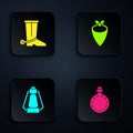 Set Canteen water bottle, Cowboy boot, Camping lantern and bandana. Black square button. Vector Royalty Free Stock Photo