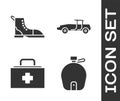 Set Canteen water bottle, Hiking boot, First aid kit and Car icon. Vector