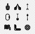 Set Canteen water bottle, Tourist tent, Hipster arrow, Location of the forest, Swiss army knife, Wind rose, Carabiner