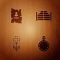 Set Canteen water bottle, Wanted western poster, Dream catcher with feathers and Saloon door on wooden background