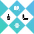 Set Canteen water bottle, Wind rose, Location of the forest on map and Swiss army knife icon. Vector