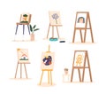 Set of Canvas on Easels with Kids Drawing Flower, Space, Rainbow, House, Portrait and Human Isolated on White Background