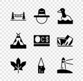 Set Capilano Suspension Bridge, Canadian ranger hat, Flying duck, maple leaf, Wooden log, Lighthouse, Indian teepee or Royalty Free Stock Photo