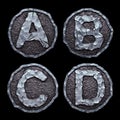 Set of capital letters A, B, C, D made of forged metal in the center of coin isolated on black background. 3d