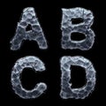 Set of capital letters A, B, C, D made of forged metal isolated on black background. 3d