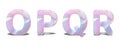 Set of capital letters O, P, Q, R in bright holographic design, shiny neon alphabet