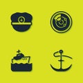 Set Captain hat, Anchor, Cruise ship and Radar with targets icon. Vector