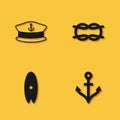 Set Captain hat, Anchor, Surfboard and Nautical rope knots icon with long shadow. Vector Royalty Free Stock Photo