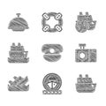 Set Captain hat, Cruise ship, Photo camera, Sinking cruise, and Covered with tray icon. Vector