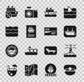 Set Captain hat, Lighthouse, Lifeboat, Cruise ship, Wave, and Postcard travel icon. Vector Royalty Free Stock Photo