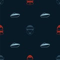 Set Captain of ship, Sailor and Speedboat on seamless pattern. Vector