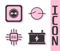 Set Car battery, Electrical outlet, Processor with microcircuits CPU and Electric circuit scheme icon. Vector.