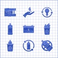 Set Car battery, Recycling plastic bottle, No, Recycle bin with recycle symbol, Plastic, and light bulb lightning and Royalty Free Stock Photo