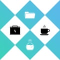 Set Car battery, Test tube and flask, Folder and Coffee cup icon. Vector