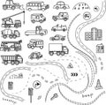 Set of car black and white cartoon background, coloring book, monochrome drawing. Black and white cars on a white