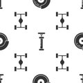 Set Car brake disk with caliper, Car air pump and Chassis car on seamless pattern. Vector Royalty Free Stock Photo