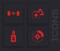 Set Car brake disk with caliper, Chassis car, First aid kit and warning triangle and key remote icon. Vector Royalty Free Stock Photo