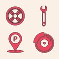 Set Car brake disk with caliper, Car wheel, Wrench and Location with parking icon. Vector