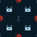 Set Car brake disk with caliper, Wrench spanner and battery on seamless pattern. Vector Royalty Free Stock Photo