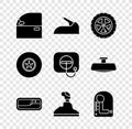 Set Car door, handbrake, wheel, handle, Gear shifter, disk and Oil filler cap at gas station icon. Vector