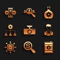 Set Car DVR, Magnifying Glass And Dollar, Barrel Oil, Scientist Test Tube, Clock Gear And Lead Management Icon. Vector
