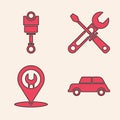 Set Car, Engine piston, Screwdriver and wrench tools and Car service icon. Vector