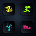 Set Car exhaust, Global warming fire, Withered tree and Barrel oil leak. Black square button. Vector