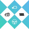 Set Car headlight, Steering wheel, mirror and radiator cooling system icon. Vector Royalty Free Stock Photo