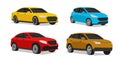 Set of car illustration of different vehicle type model in different colors, stylized silhouette