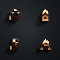Set Car insurance, Fire burning house, Shield hand and Burning car icon with long shadow. Vector