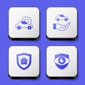 Set Car insurance, House with shield and Shield and eye icon. White square button. Vector Royalty Free Stock Photo
