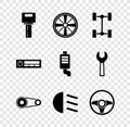 Set Car key with remote, Alloy wheel, Chassis car, Timing belt kit, High beam, Steering, Audio and muffler icon. Vector