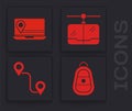 Set Car key with remote, Laptop with location marker, Cable car and Route location icon