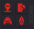 Set Car key with remote, Map pointer with taxi, Taxi call telephone service and Taxi car icon. Vector