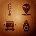 Set Car key with remote, Traffic light, Bus and Map pointer with taxi on wooden background. Vector