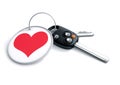 Set of car keys with keyring and red heart icon. Concept for how Royalty Free Stock Photo